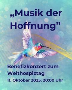 Quelle: Diakonisches Werk Karlsruhe Plakat für das Benefizkonzert "Musik der Hoffnung" in hellen Farbtönen mit einem Kolibri