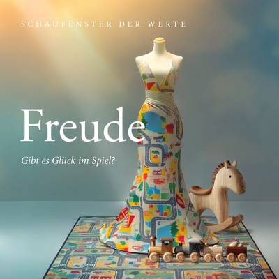 Ein buntes Kleid in Spielteppich-Optik, dazu die Caption: Freude