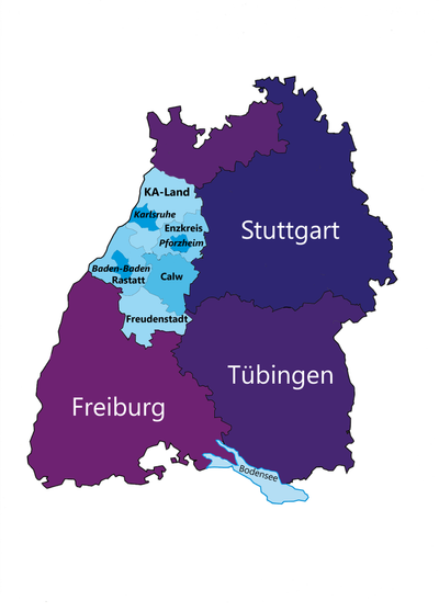 Landkarte der Einsatzgebiete der Fachstelle Flüchlinge Karlsruhe des Diakonischen Werkes Karlsruhe in Baden-Württemberg
